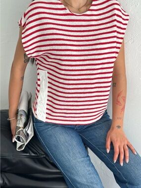 Zara Red and White Striped Knit Tee with Side Button Detail